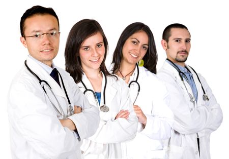 medical team with male and female doctors over a white background
