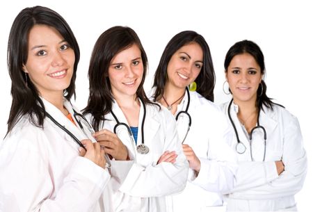 medical team with female doctors over a white background