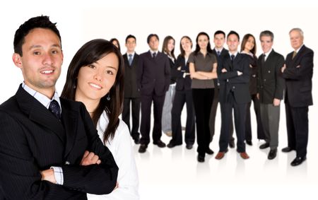 business partners leading a huge business team over a white background