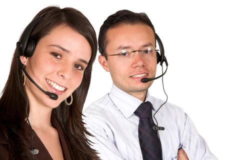 business customer service team wearing headsets over white
