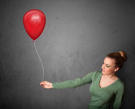 Young woman holding a red balloon drawing