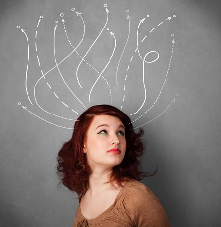 Pretty young woman thinking with arrows in different directions above her head