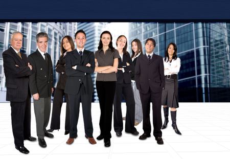 business team in a corporate environment with buildings at the background