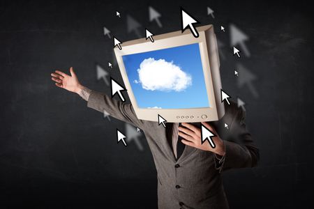 Business man with a monitor on his head, cloud system and pointers on the screen on a dark background