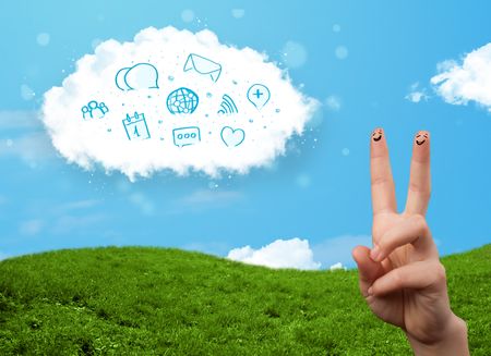 Happy cheerful smiley fingers looking at cloud with blue social icons and smybols