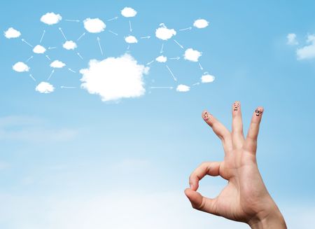 finger smiley faces on hand with cloud network system