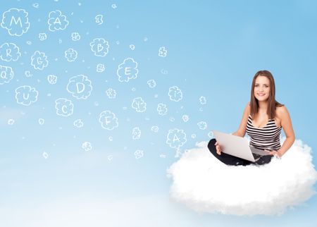 Pretty young woman sitting in cloud with laptop, letters concept