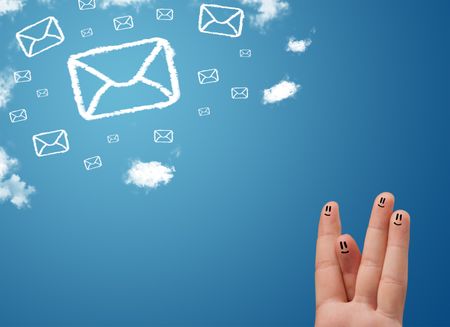 Happy cheerful smiley fingers looking at mail icons made out of clouds