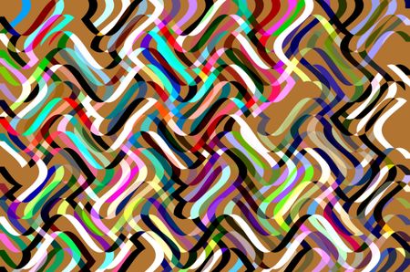 Snazzy eye candy with multicolored overlapping waves with 3-D effect, like ribbons, on orange background (Pantone 158 C)