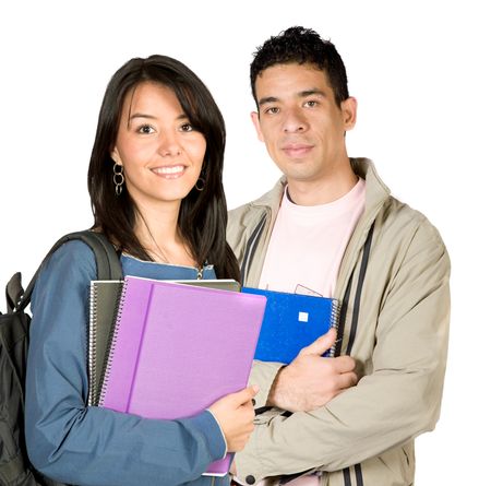 casual happy students over a white background