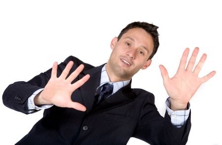 business man with hands on screen over a white background
