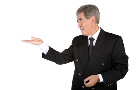 business man showing an imaginary product on his hand