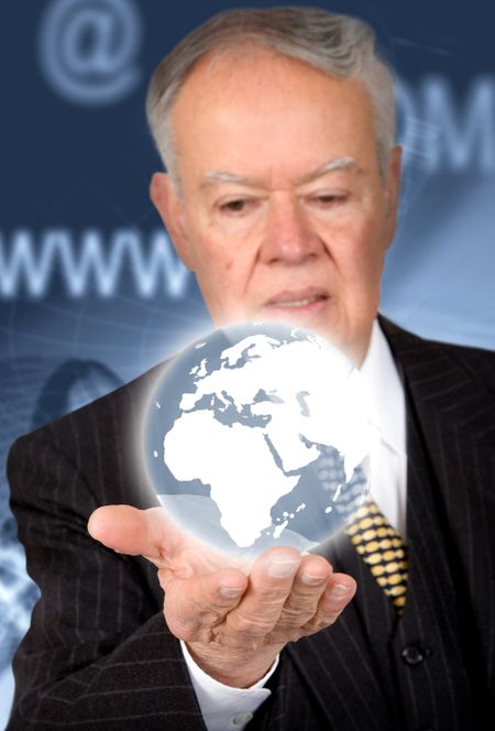 business man holding a globe on his hand