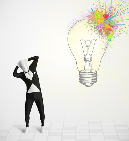 3d-human-character-body-suit-morphsuit-227443600 3d human character is body suit morphsuit looking at abstract colorful lightbulb