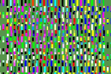 Multicolored abstract illustration with multiple rows of short vertical bars, some solid and others with several colors, on green