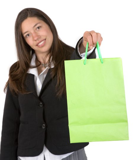 business woman with a green shopping bag
