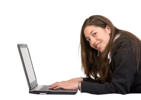 business woman working on a laptop over white background