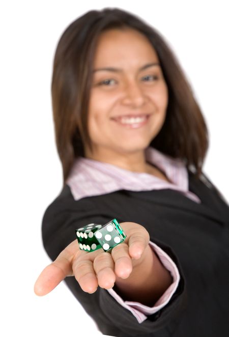 business woman holding green dices on her hand