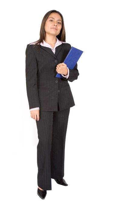 business woman standing over a white background with a folder in her arms