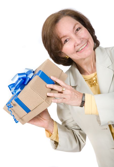 business woman happy with gift over a white background