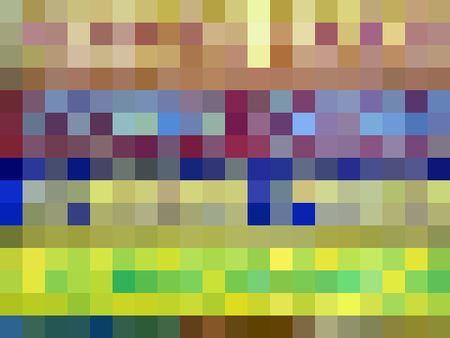 Multicolored mosaic abstract with rows of yellow and green squares near the bottom