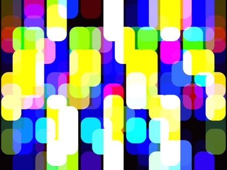 Bright multicolored abstract of city lights at night, with rounded rectangles aligned vertically and overlapping on black background for an effect of urban geometry