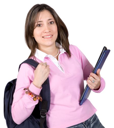 female student with books and bag over a white background