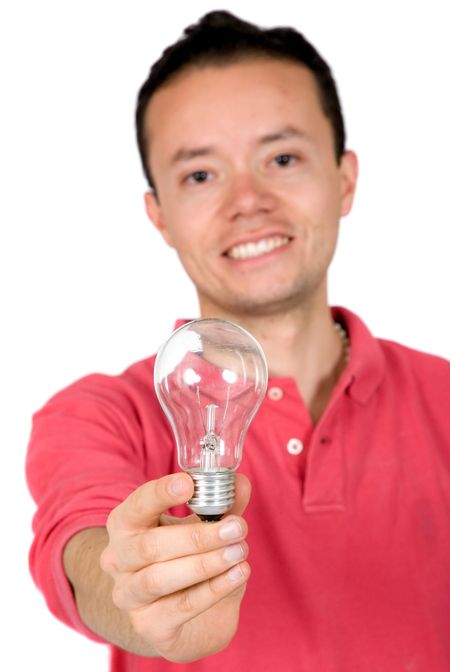 here is my idea - casual guy holding a lightbulb over a white background
