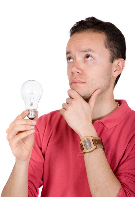creative man in red clothes thinking of ideas over a white background