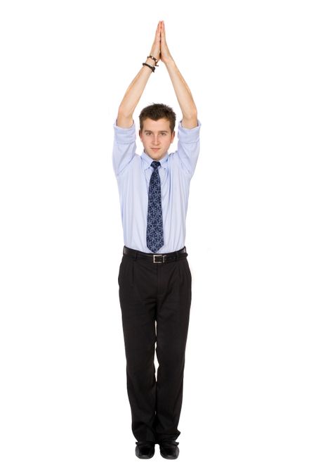 business man pointing up with his hands over a white background