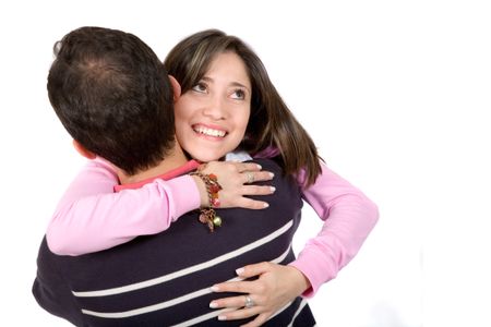 casual couple in love - girl is looking up full of happiness over white