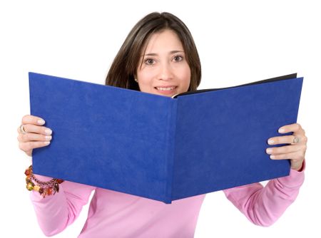 female student with a book over a white background