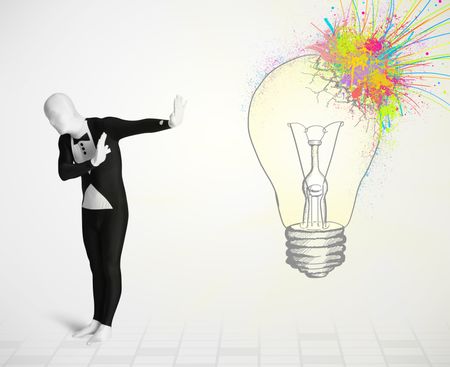 3d human character is body suit morphsuit looking at abstract colorful lightbulb