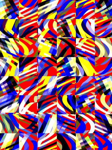 Multicolored collective abstract mosaic of squares on a grid that each contain a variety of polygons with various colors