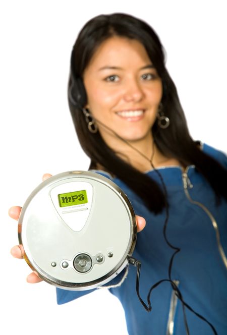 girl listening to mp3 music over a white background - focus is on the discman