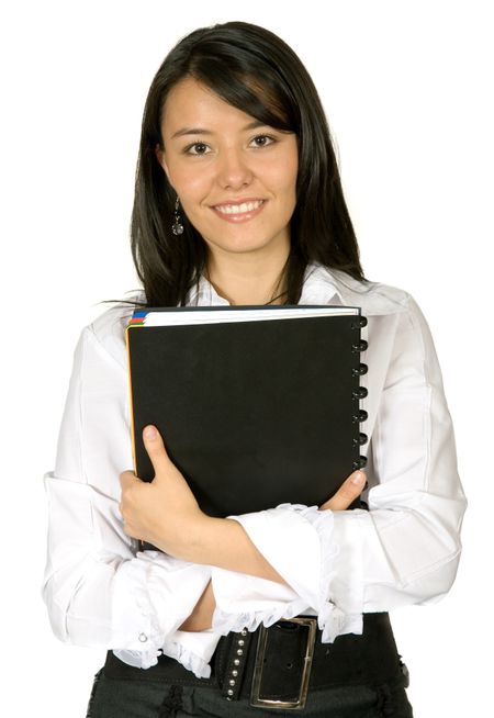 business woman smiling holding a folder over a white background