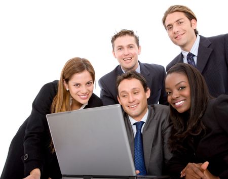 business team in a meeting on a laptop computer isolated