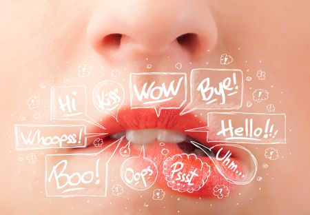 Beautiful red lips with white speech bubbles close up