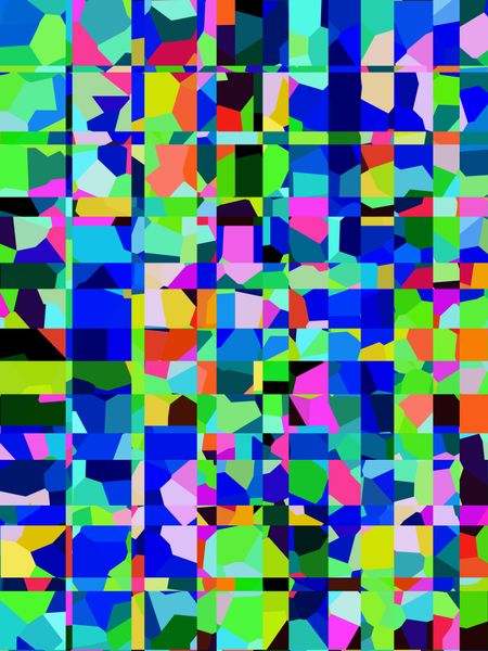 Kaleidoscopic abstract mosaic of squares and rectangles that contain irregular polygons of various colors for themes of variety and complexity