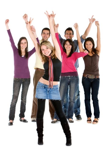 Cheerful group of young people smiling isolated over a white background