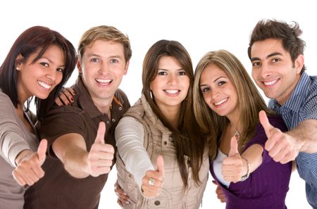 Cheerful group of friends with thumbs up isolated