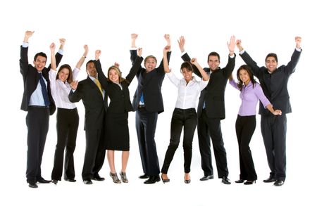 Large and very happy business group isolated over a white background