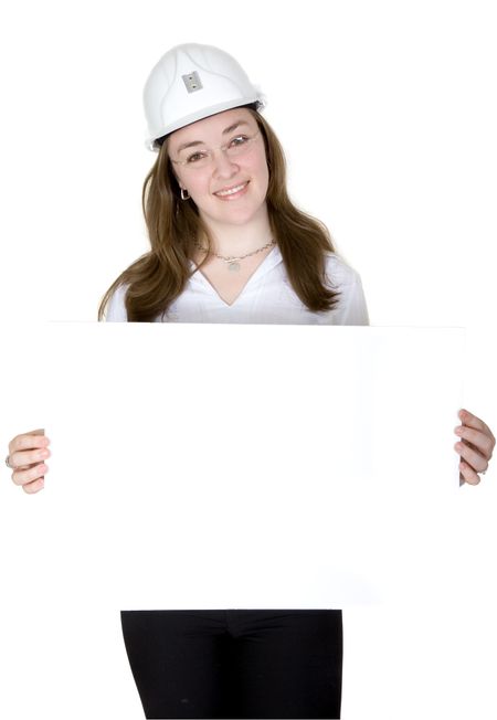 architect wearing a safety helmet and glasses holding a white card over a white background