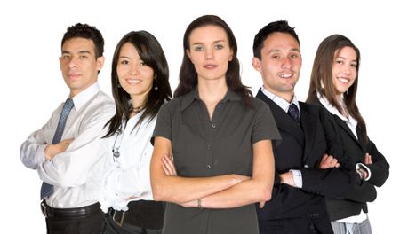 business woman and her team of business people over a white background