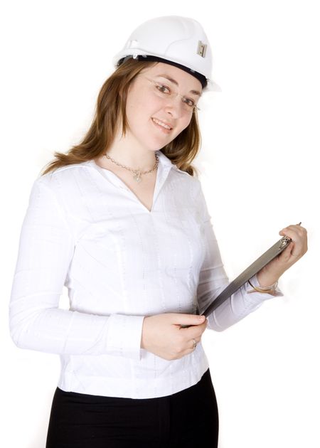architect girl wearing a safety helmet over a white background with a friendly attitude