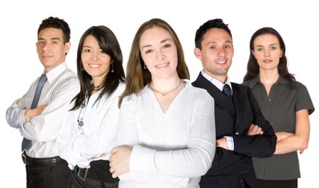 confident business team over a white background being led by a beautiful business woman