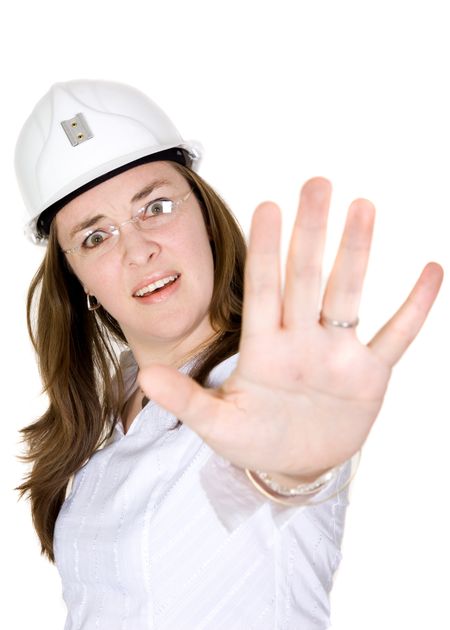 female architect giving a warning over a white background