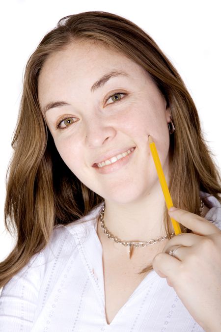 friendly business woman with pencil on face over white