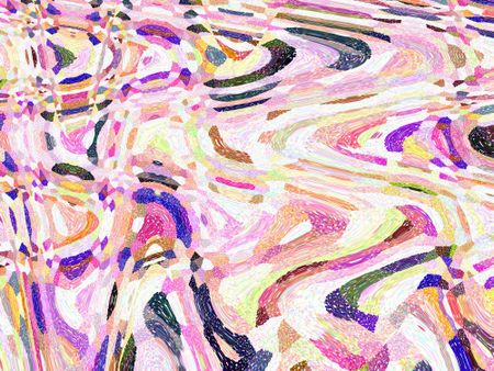 Psychedelic kaleidoscopic multicolored abstract of swirly sine waves with a pointillist "snow" effect