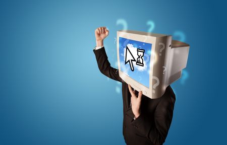 Person with a monitor head and cloud based technology on the screen, blue background